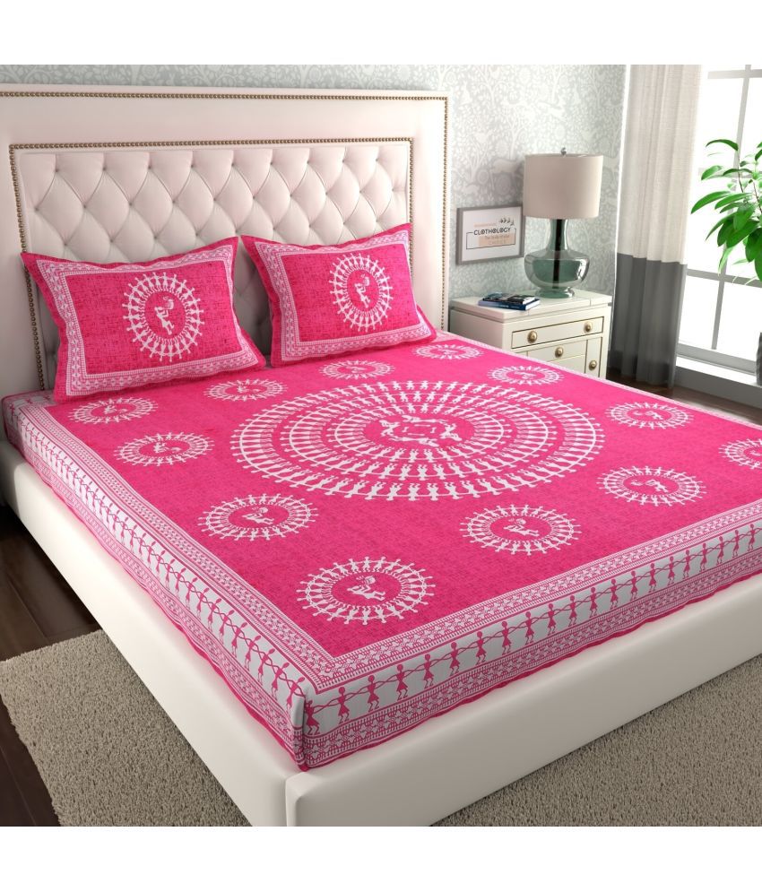     			Angvarnika Cotton Abstract Printed 1 Double Bedsheet with 2 Pillow Covers - Pink