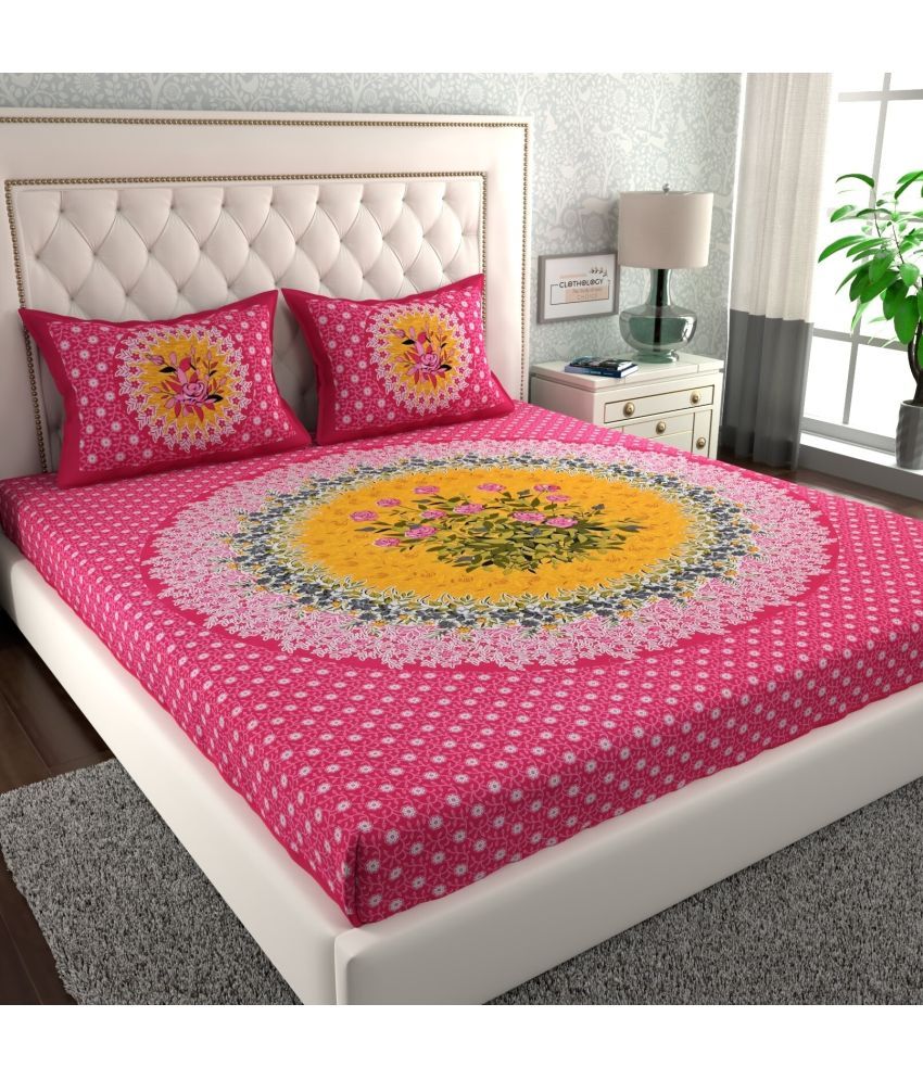     			Angvarnika Cotton Floral 1 Double Bedsheet with 2 Pillow Covers - Pink