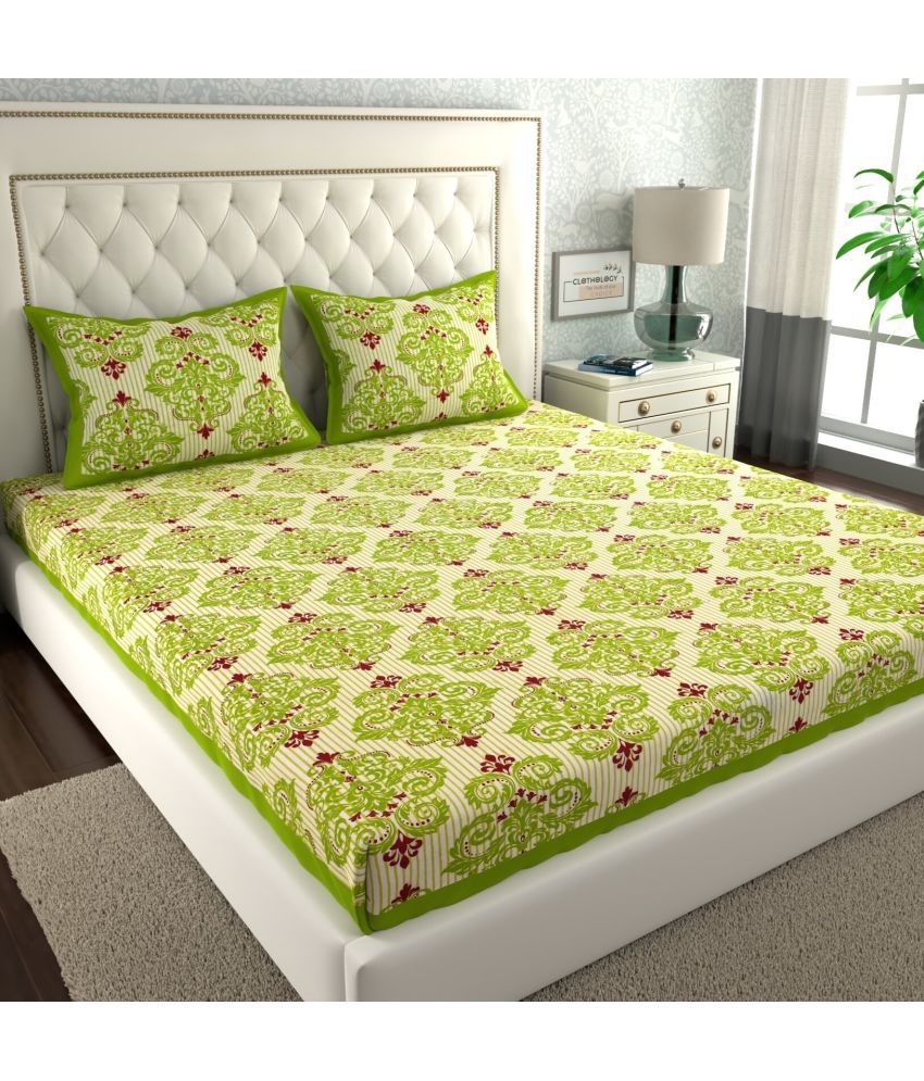     			Angvarnika Cotton Floral 1 Double Bedsheet with 2 Pillow Covers - Green