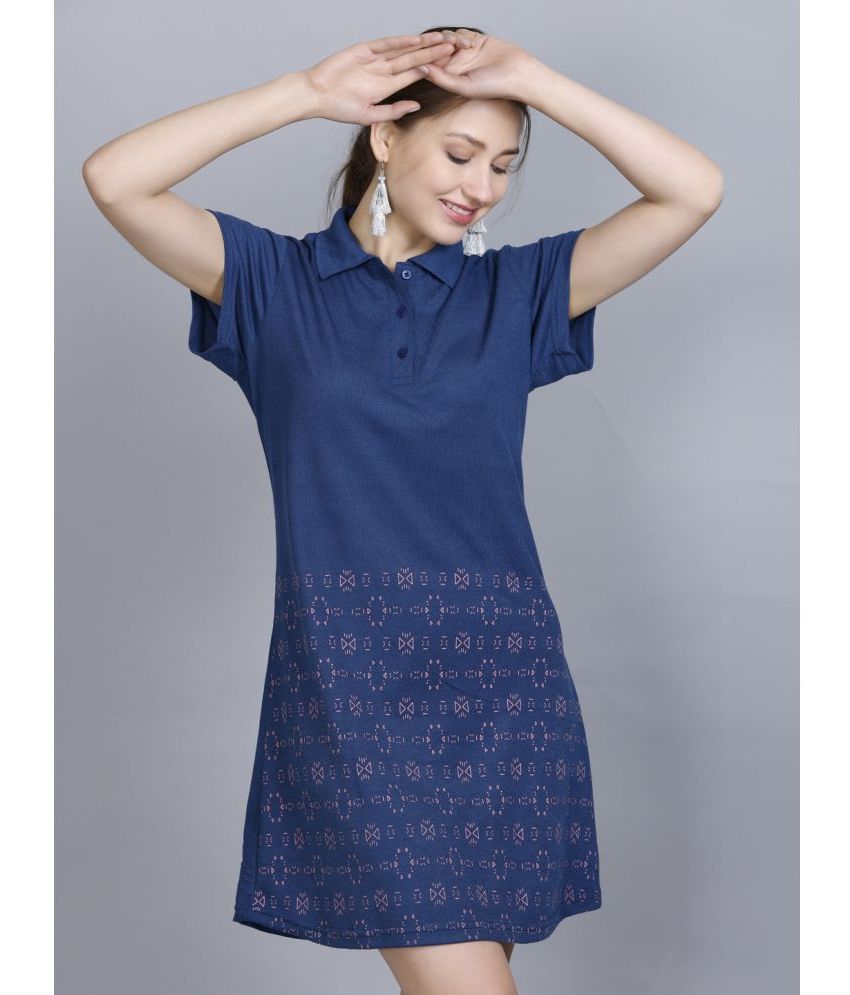     			OBAAN Cotton Blend Printed Above Knee Women's T-shirt Dress - Light Blue ( Pack of 1 )
