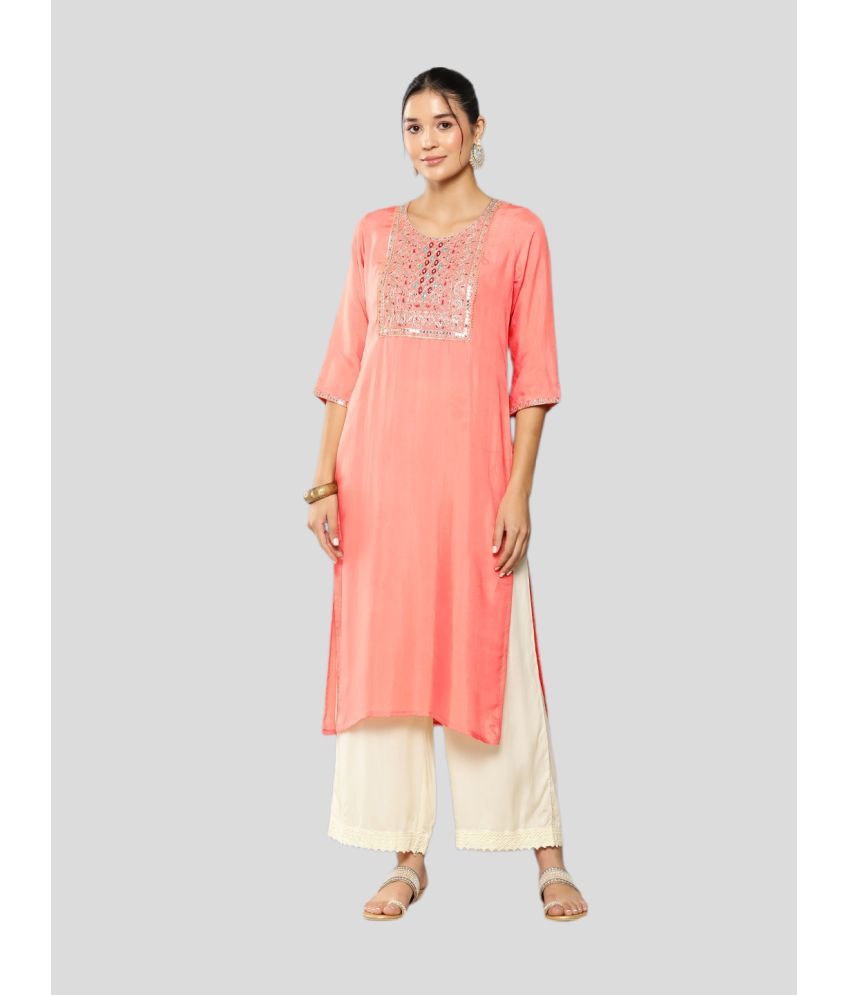     			Aarika Cotton Embroidered Straight Women's Kurti - Peach ( Pack of 1 )