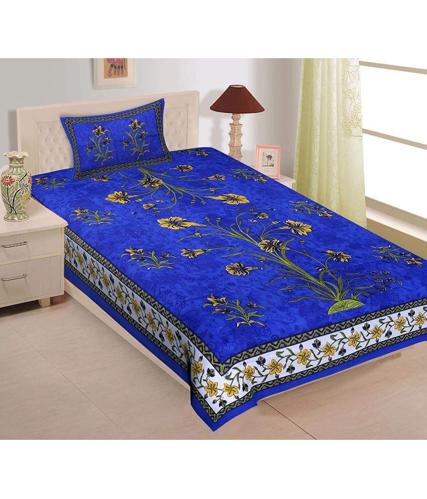     			Uniqchoice Cotton Floral 1 Single Bedsheet with 1 Pillow Cover - Blue