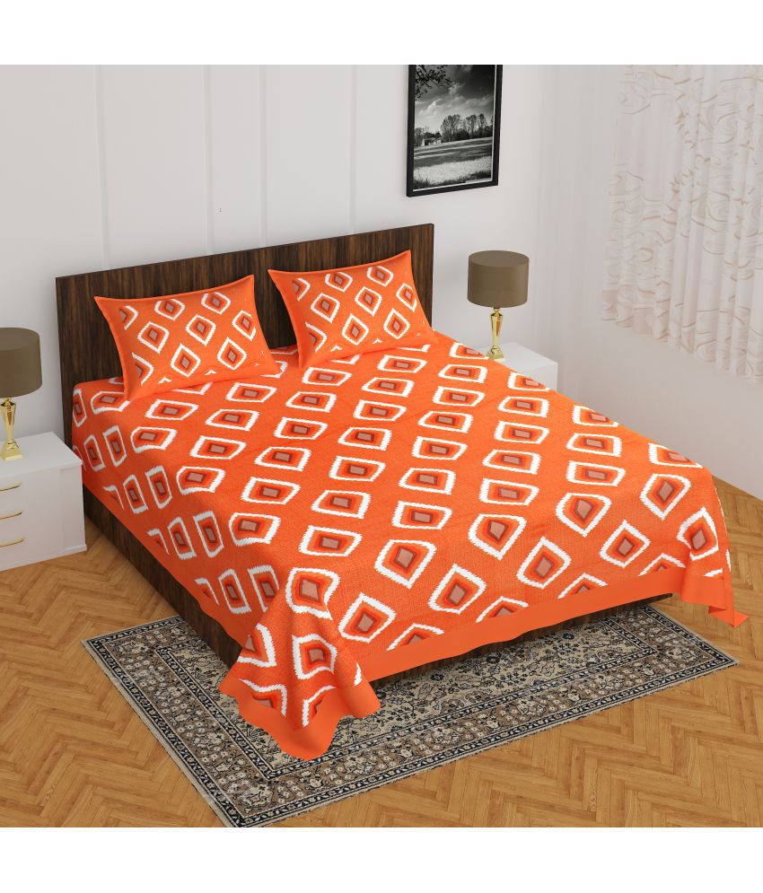     			Angvarnika Cotton Abstract Printed 1 Double Bedsheet with 2 Pillow Covers - Orange