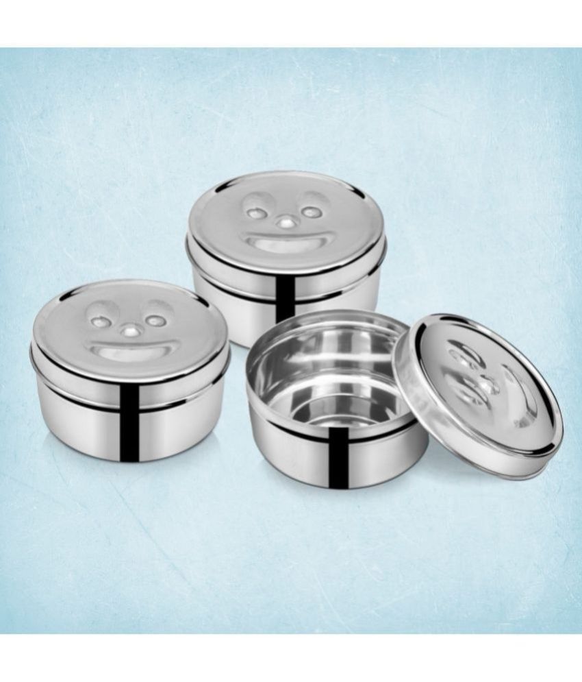     			HOMETALES Keep Smiling Steel Silver Food Container ( Set of 3 )
