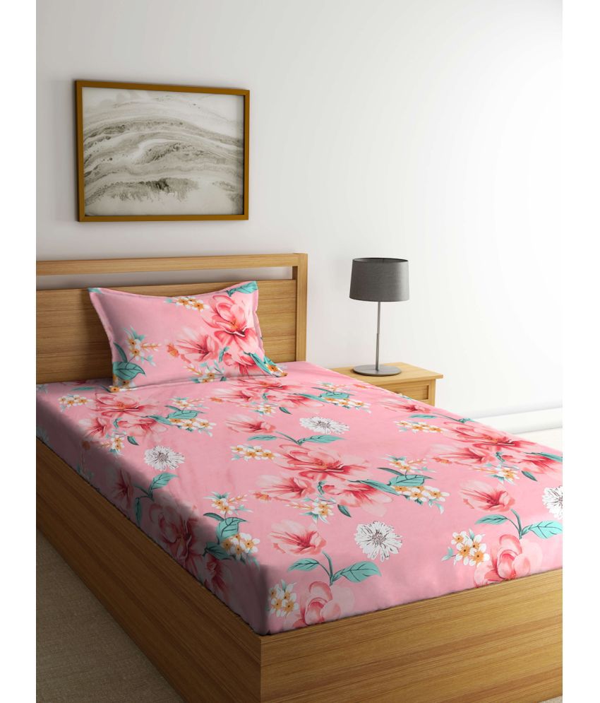     			Klotthe Poly Cotton Floral 1 Single Bedsheet with 1 Pillow Cover - Peach
