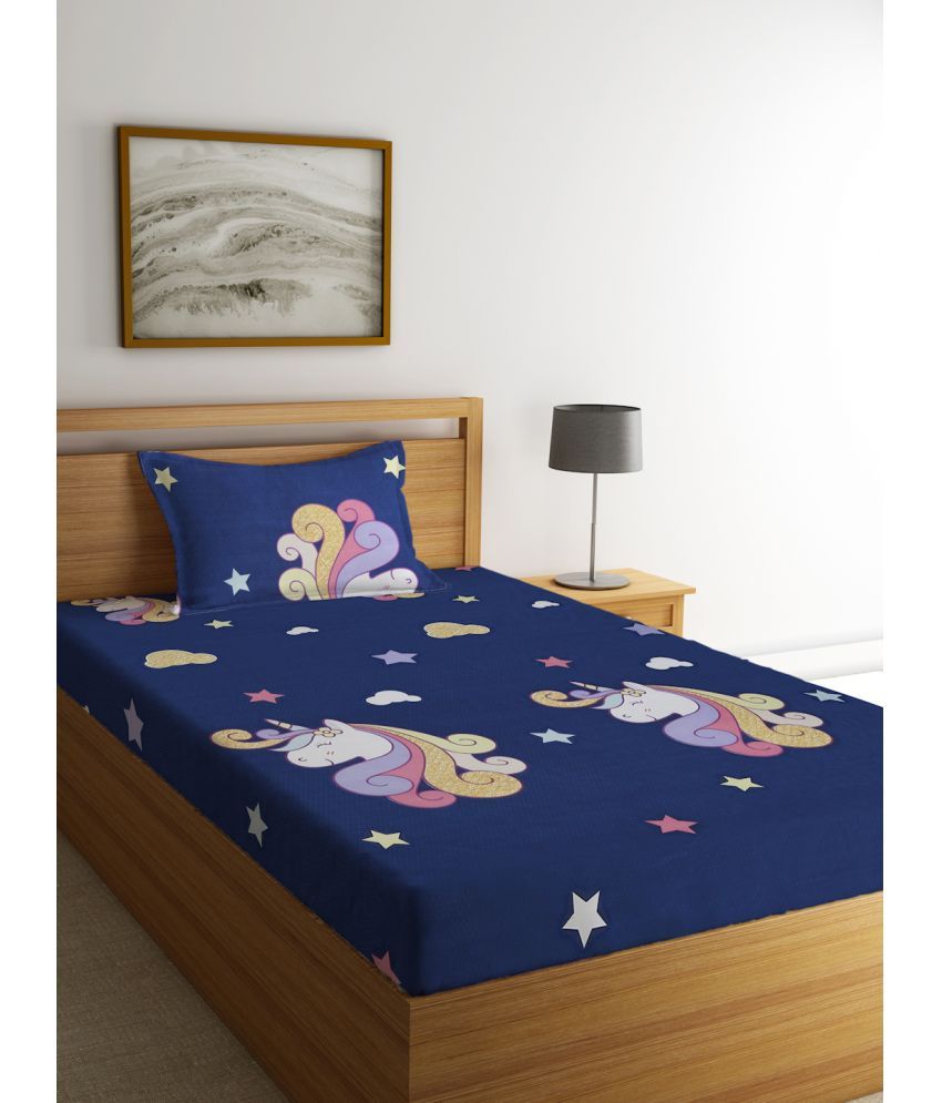     			Klotthe Poly Cotton Graphic 1 Single Bedsheet with 1 Pillow Cover - Blue