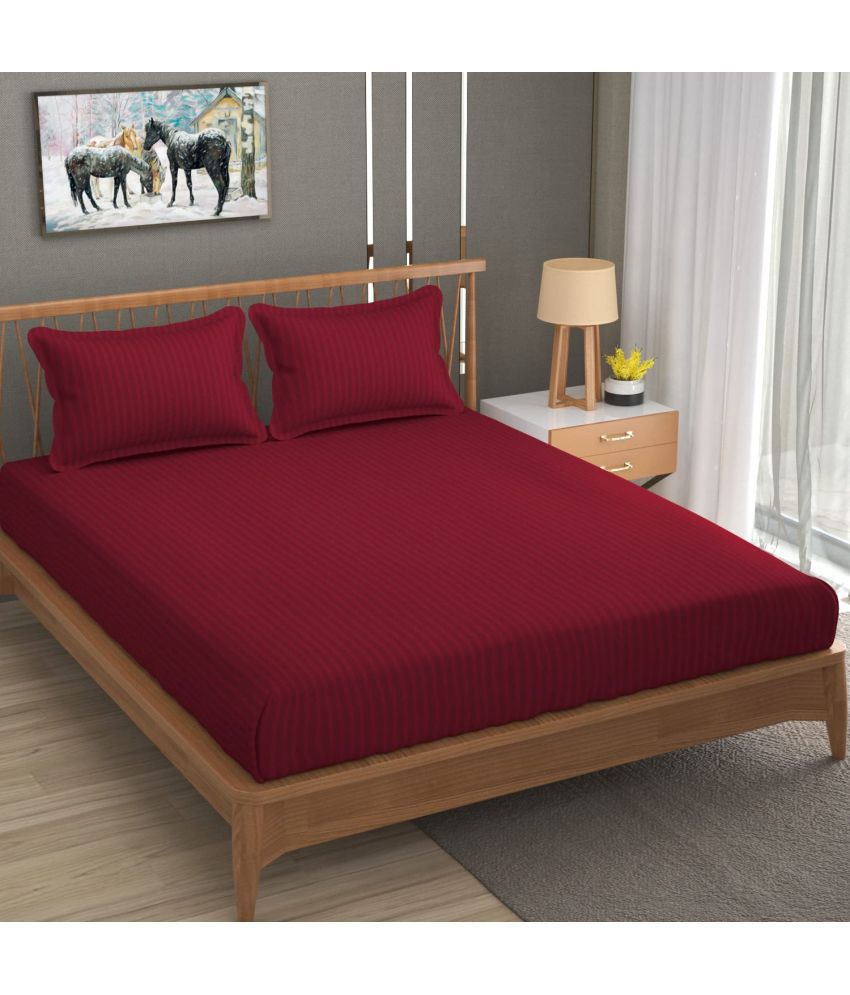     			Neekshaa Satin Stripe Solid Fitted Fitted bedsheet with 2 Pillow Covers ( Double Bed ) - Maroon