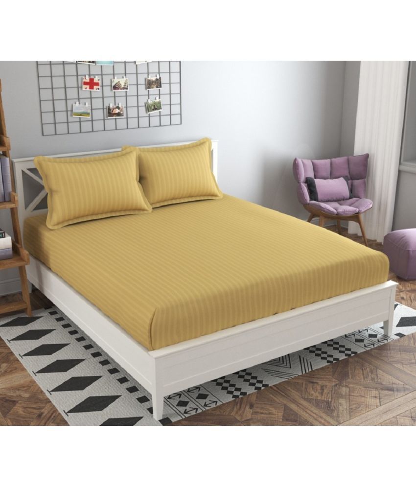     			Neekshaa Satin Stripe Solid Fitted Fitted bedsheet with 2 Pillow Covers ( Double Bed ) - Yellow