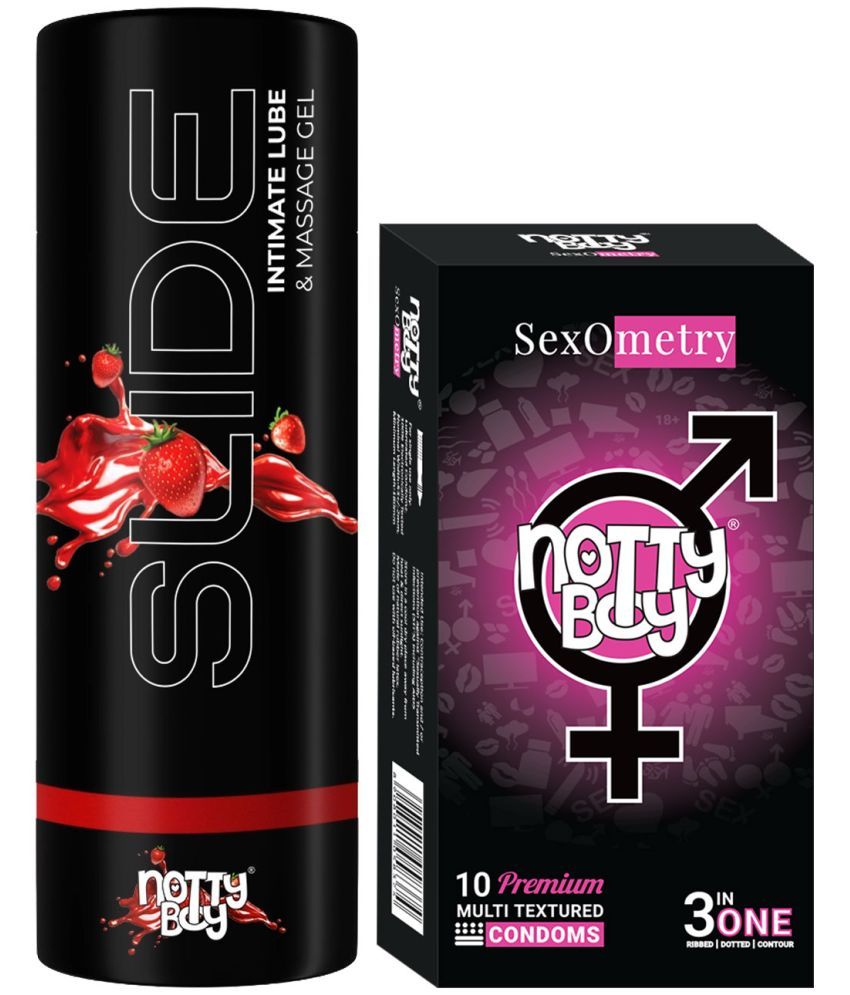     			NottyBoy Slide Strawberry Flavoured Lubricant 100ML and 3in1 Ribbed Dotted Contour Condoms - Pack of 2