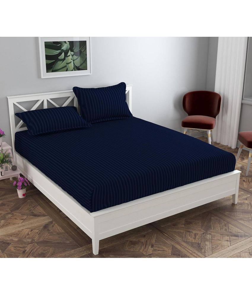     			VORDVIGO Satin Stripe Solid Fitted Fitted bedsheet with 2 Pillow Covers ( Double Bed ) - Blue