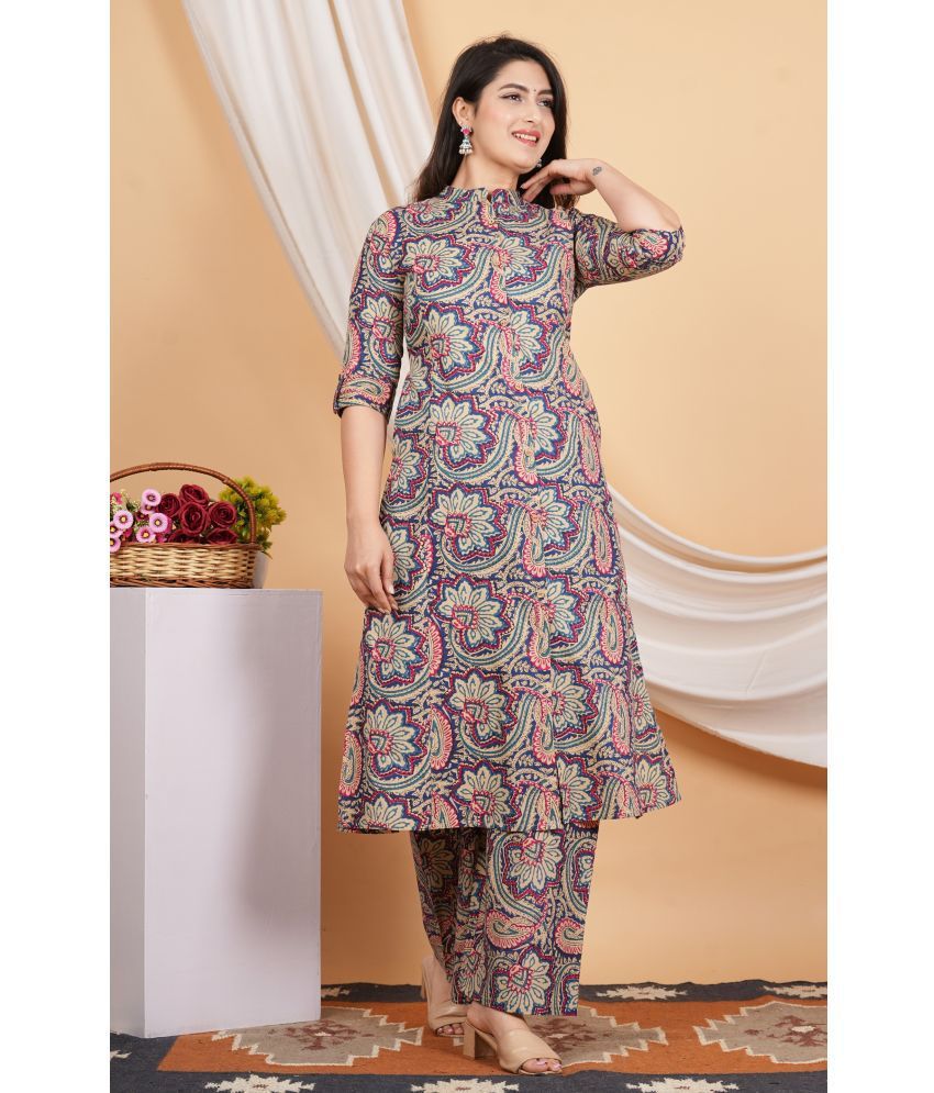     			Vbuyz Cotton Printed Kurti With Palazzo Women's Stitched Salwar Suit - Blue ( Pack of 1 )