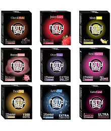 NottyBoy Multi Pack Condom - Ultra Thin, Extra Delay, Extra Lubricated, 1500 Dots and Fruits Flavoured Condoms - (Set of 9, 27 Sheets)