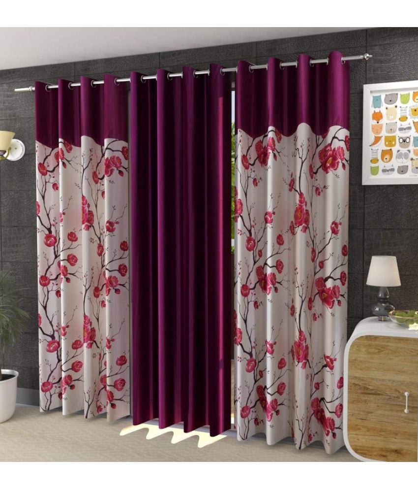    			Kraftiq Homes Floral Semi-Transparent Eyelet Curtain 5 ft ( Pack of 3 ) - Wine