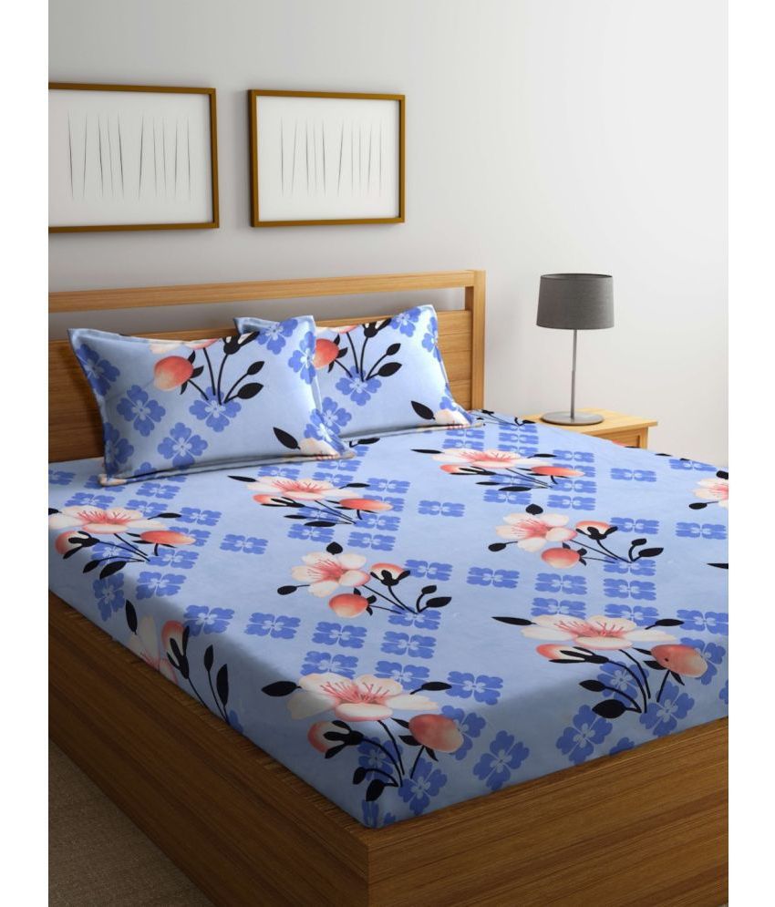     			Neekshaa Cotton Floral Fitted Fitted bedsheet with 2 Pillow Covers ( Double Bed ) - Blue