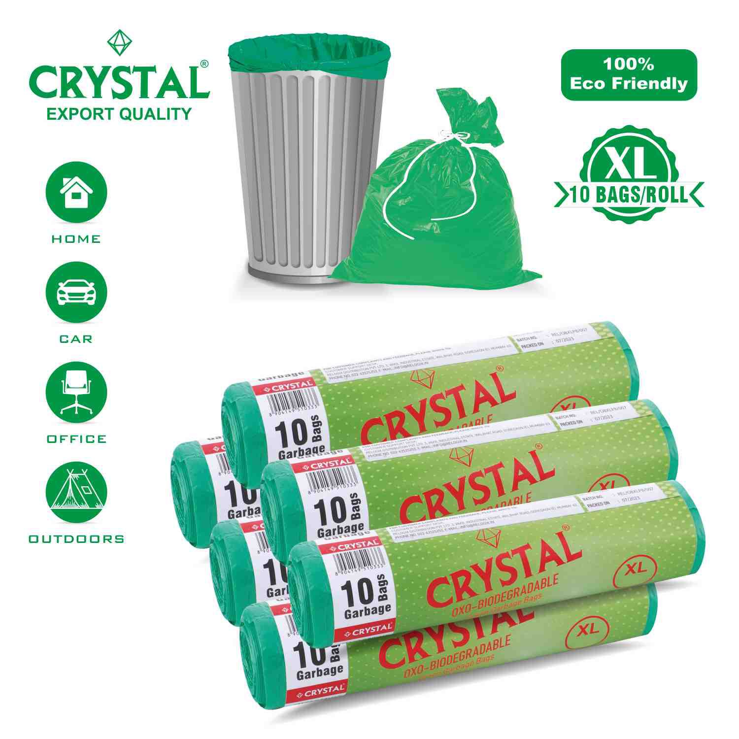     			Crystal Oxo Biodegradable Green Garbage Bags (30 x 37 inch, Extra Large) Pack of 6 (10 pieces each)