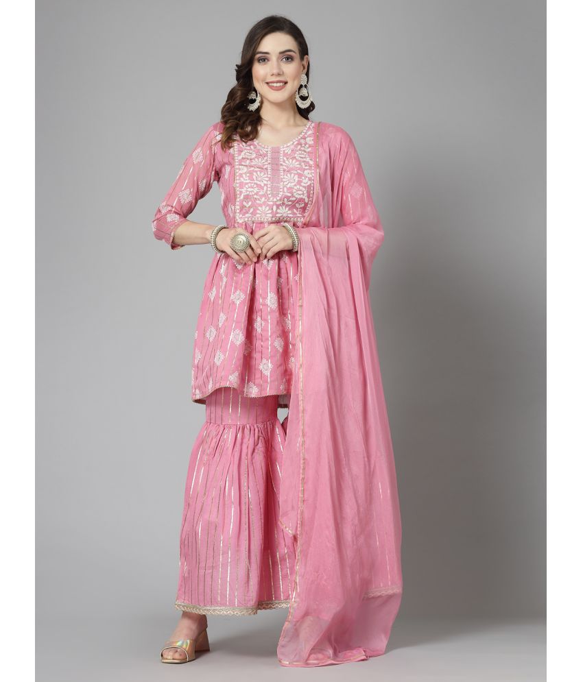     			Stylum Chanderi Printed Kurti With Sharara And Gharara Women's Stitched Salwar Suit - Pink ( Pack of 1 )