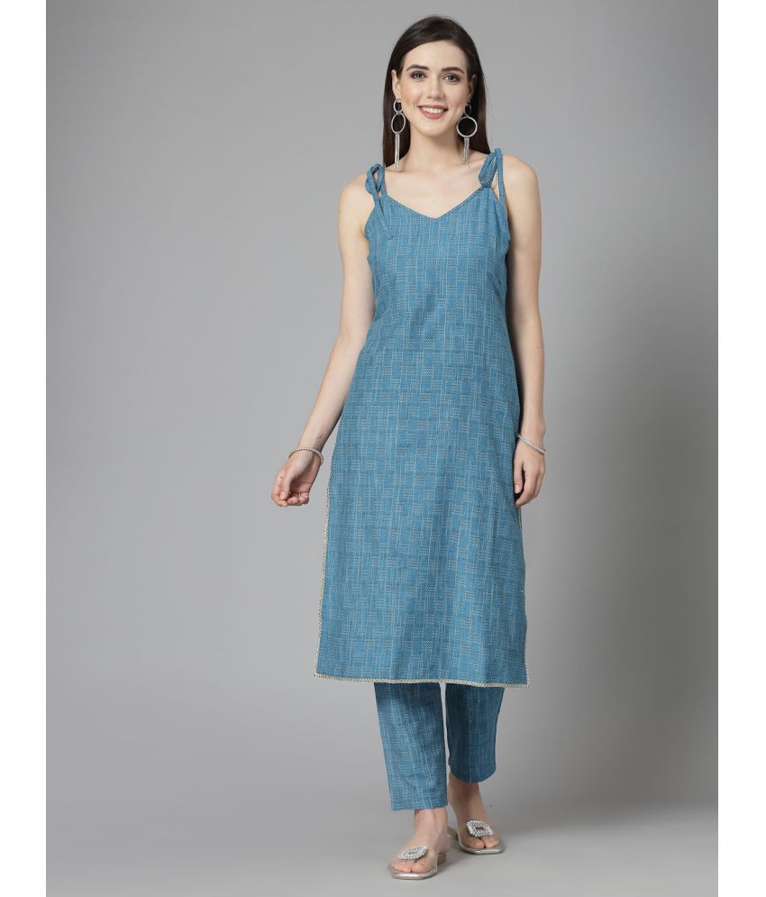     			Stylum Cotton Blend Self Design Kurti With Pants Women's Stitched Salwar Suit - Teal ( Pack of 1 )