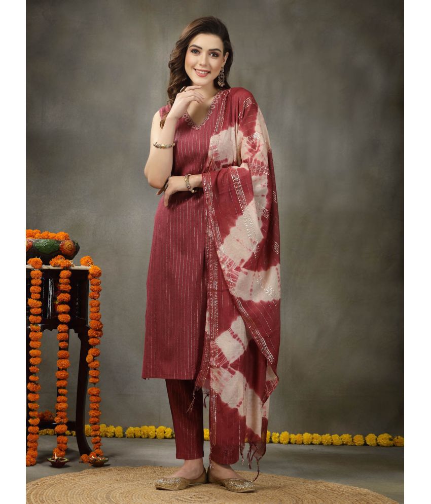     			Stylum Cotton Blend Striped Kurti With Pants Women's Stitched Salwar Suit - Maroon ( Pack of 1 )