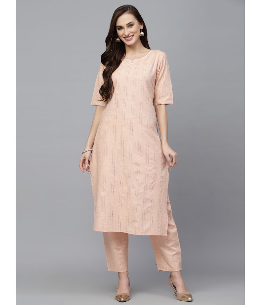     			Stylum Cotton Blend Striped Kurti With Pants Women's Stitched Salwar Suit - Peach ( Pack of 1 )