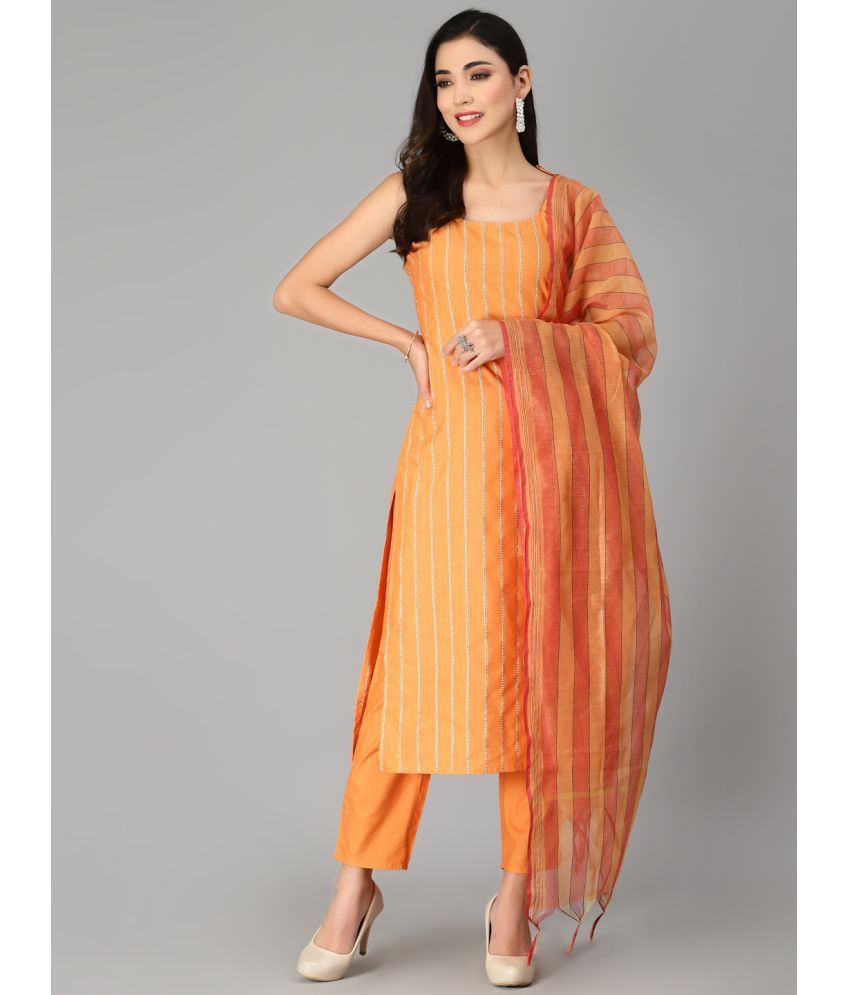     			Stylum Cotton Blend Striped Kurti With Pants Women's Stitched Salwar Suit - Orange ( Pack of 1 )