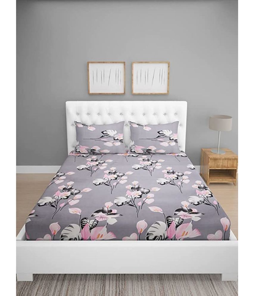     			VORDVIGO Cotton Floral Fitted Fitted bedsheet with 2 Pillow Covers ( Double Bed ) - Gray