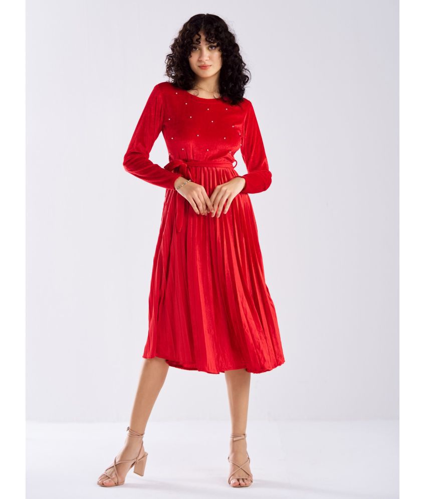     			aask Velvet Solid Midi Women's Fit & Flare Dress - Red ( Pack of 1 )