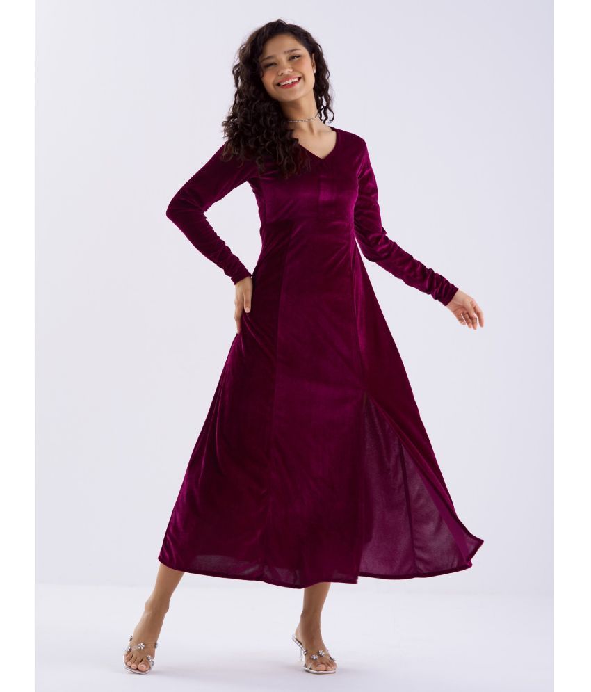     			aask Velvet Solid Midi Women's Fit & Flare Dress - Wine ( Pack of 1 )