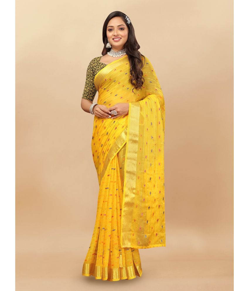     			Aardiva Chiffon Woven Saree With Blouse Piece - Yellow ( Pack of 1 )