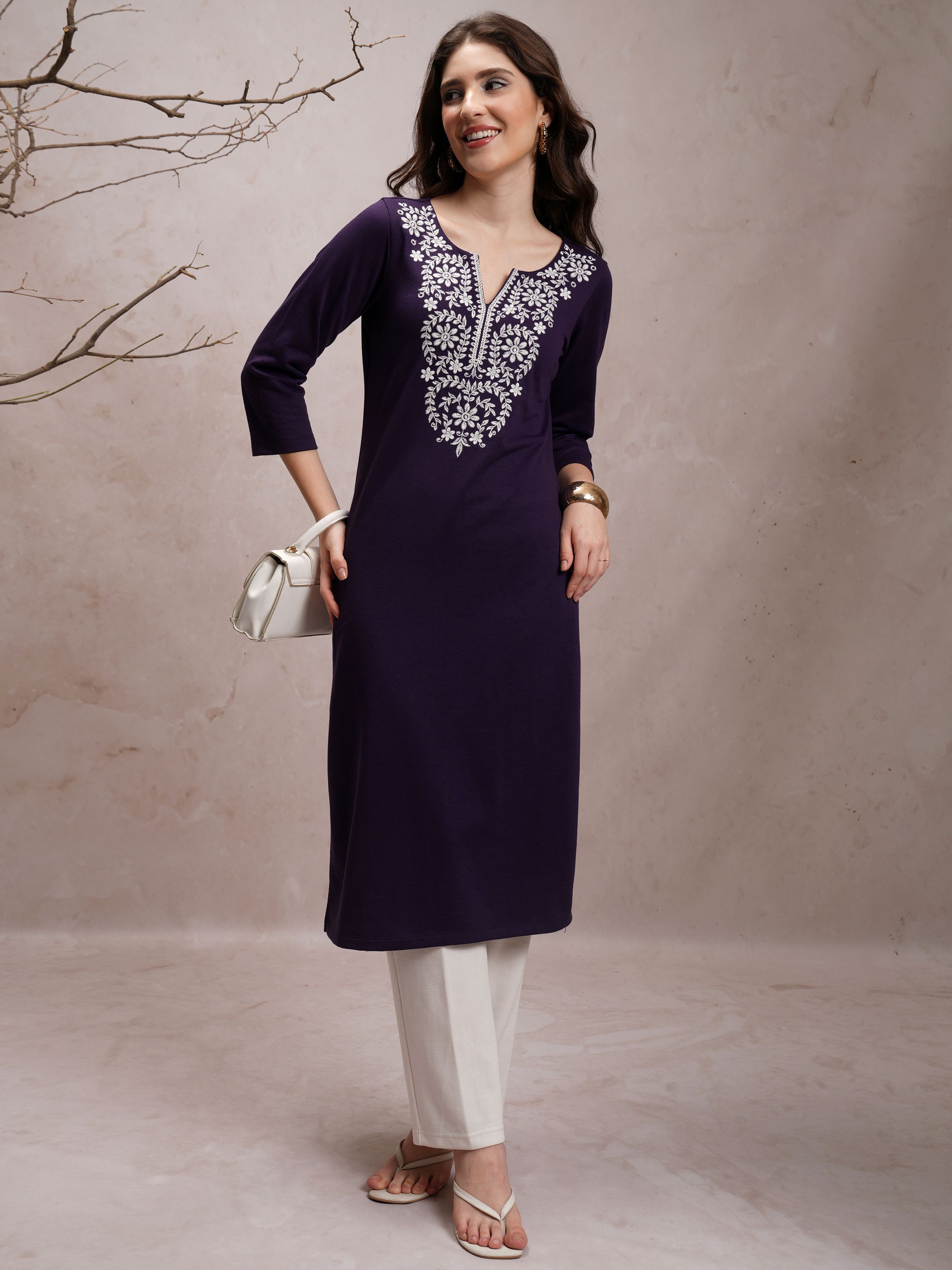     			Ketch Polyester Embroidered Straight Women's Kurti - Purple ( Pack of 1 )