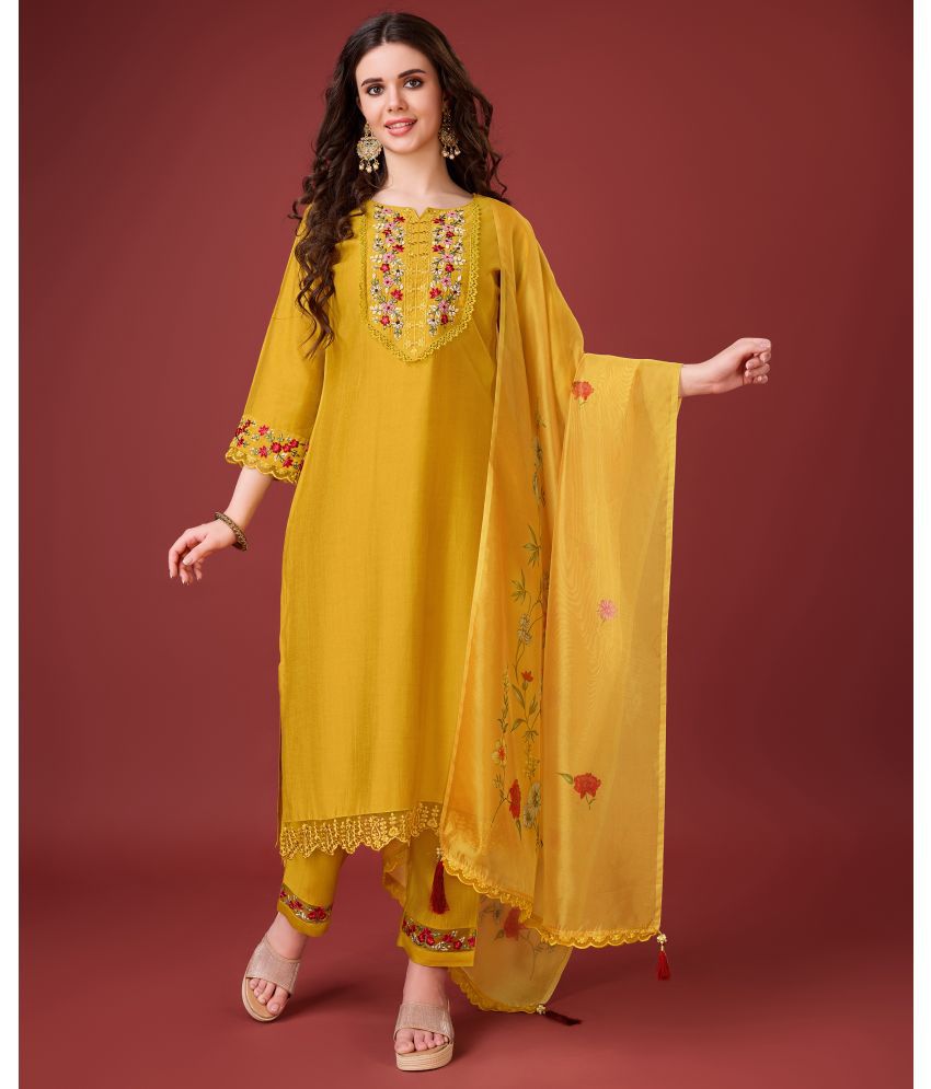     			MOJILAA Viscose Embroidered Kurti With Pants Women's Stitched Salwar Suit - Yellow ( Pack of 1 )