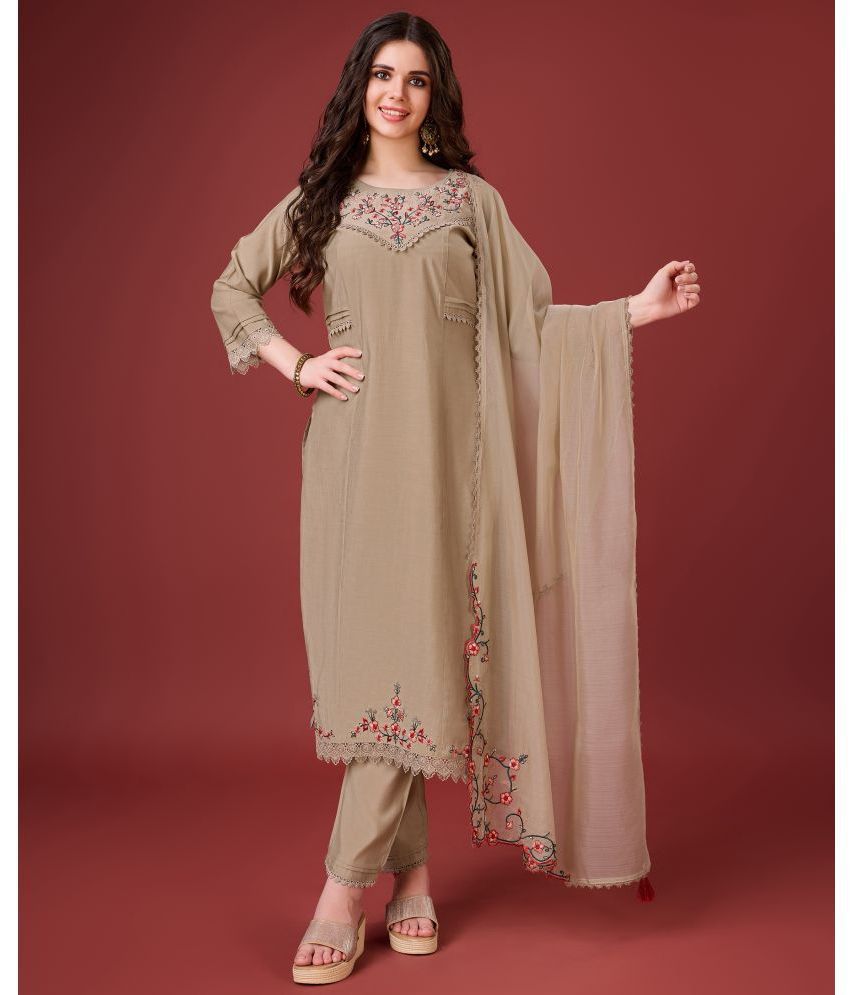     			MOJILAA Viscose Embroidered Kurti With Pants Women's Stitched Salwar Suit - Beige ( Pack of 1 )