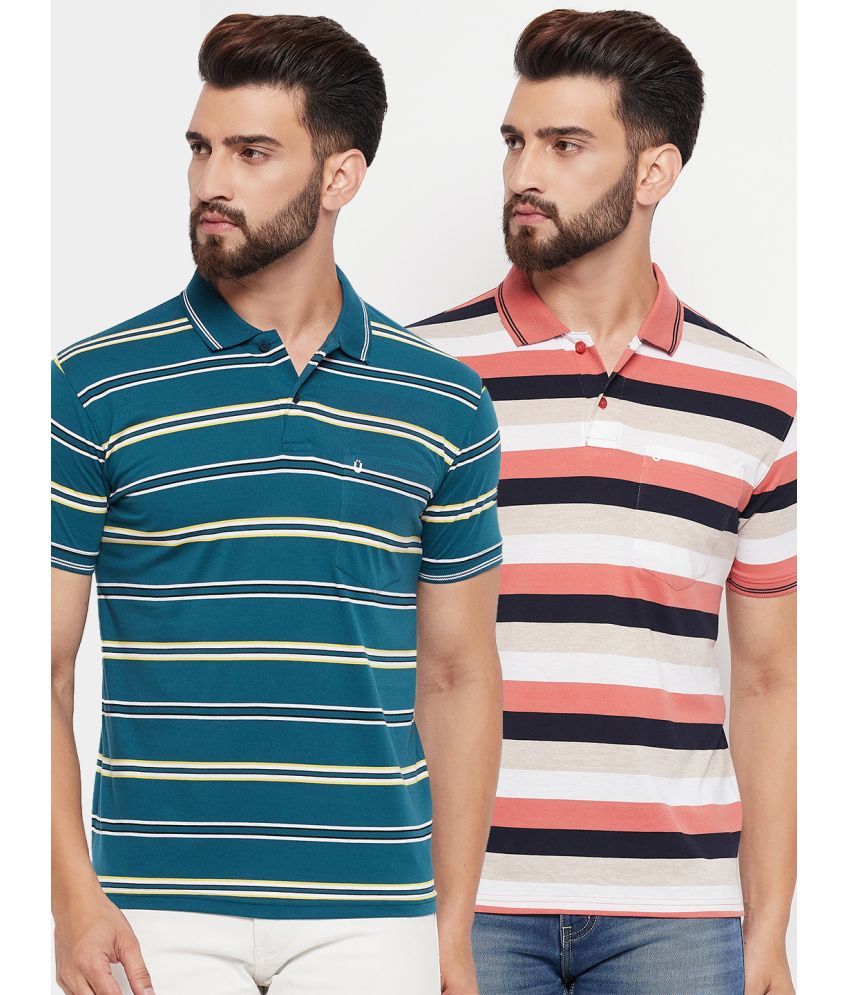     			UNIBERRY Cotton Blend Regular Fit Striped Half Sleeves Men's Polo T Shirt - Teal Blue ( Pack of 2 )