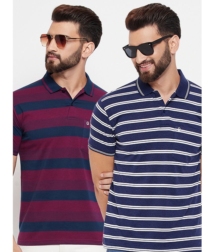     			UNIBERRY Pack of 2 Cotton Blend Regular Fit Striped Half Sleeves Men's Polo T Shirt ( Navy Blue )