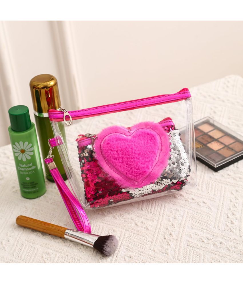     			House Of Quirk Pink Heart Makeup Bag Set for Women