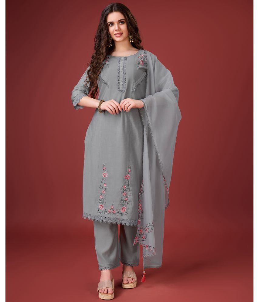     			MOJILAA Viscose Embroidered Kurti With Pants Women's Stitched Salwar Suit - Grey Melange ( Pack of 1 )