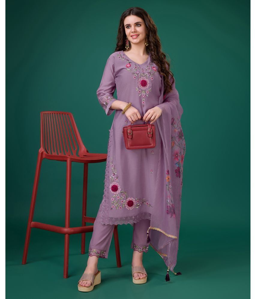     			MOJILAA Viscose Embroidered Kurti With Pants Women's Stitched Salwar Suit - Lavender ( Pack of 1 )