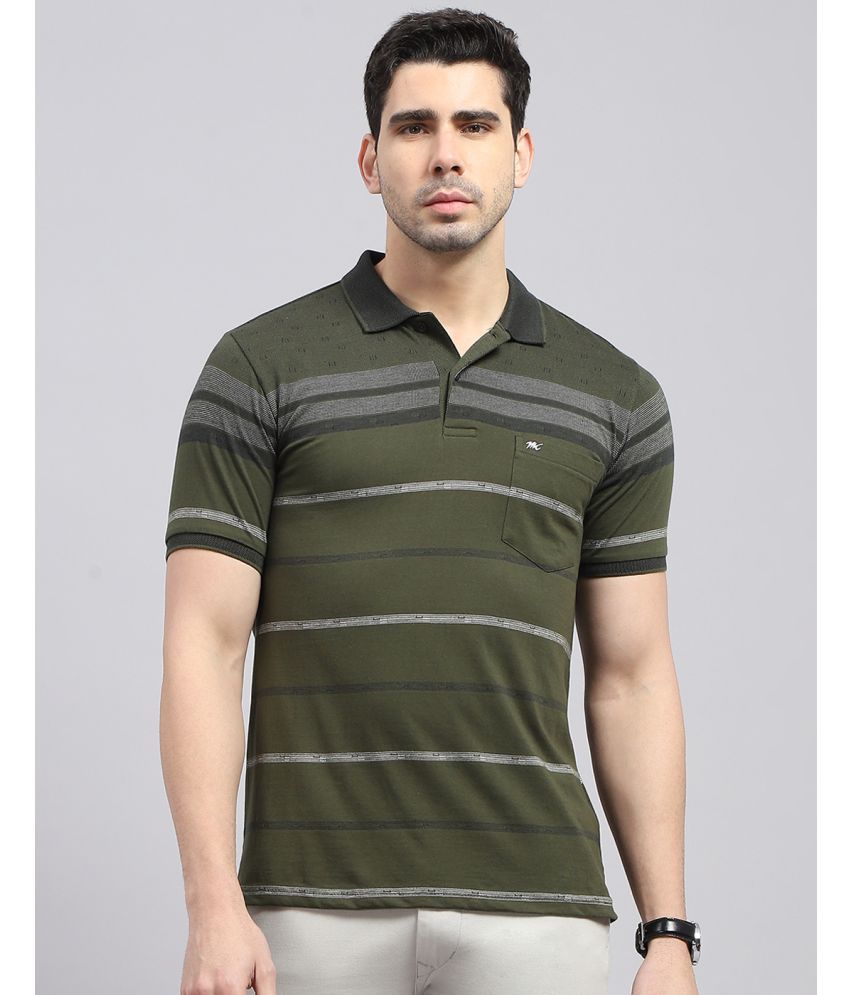     			Monte Carlo Cotton Blend Regular Fit Striped Half Sleeves Men's Polo T Shirt - Olive ( Pack of 1 )