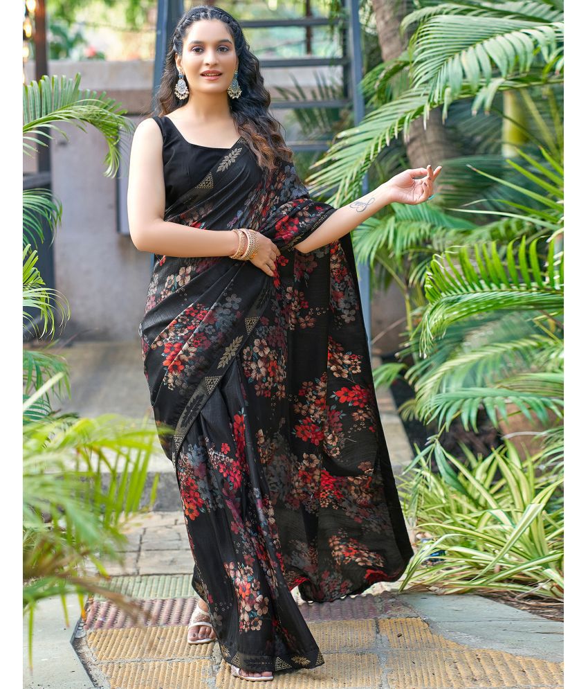     			Samah Art Silk Printed Saree With Blouse Piece - Black ( Pack of 1 )