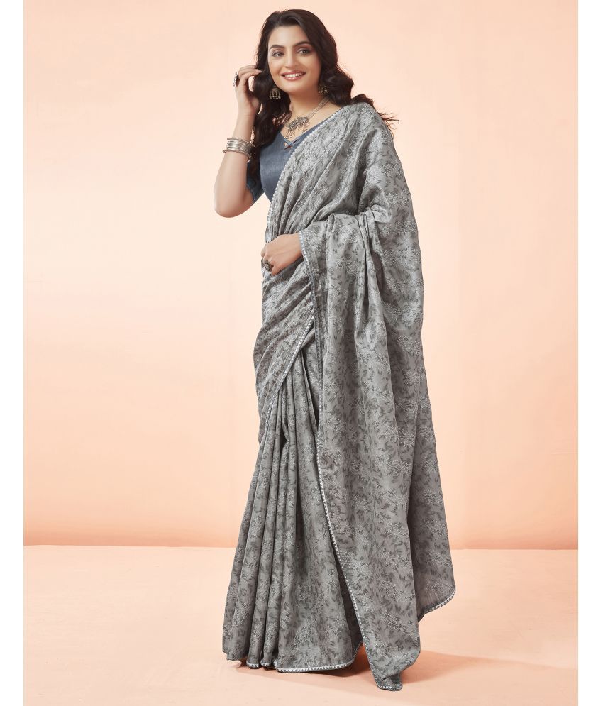     			Samah Art Silk Printed Saree With Blouse Piece - Grey ( Pack of 1 )