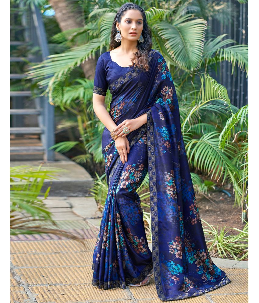     			Samah Art Silk Printed Saree With Blouse Piece - Navy Blue ( Pack of 1 )
