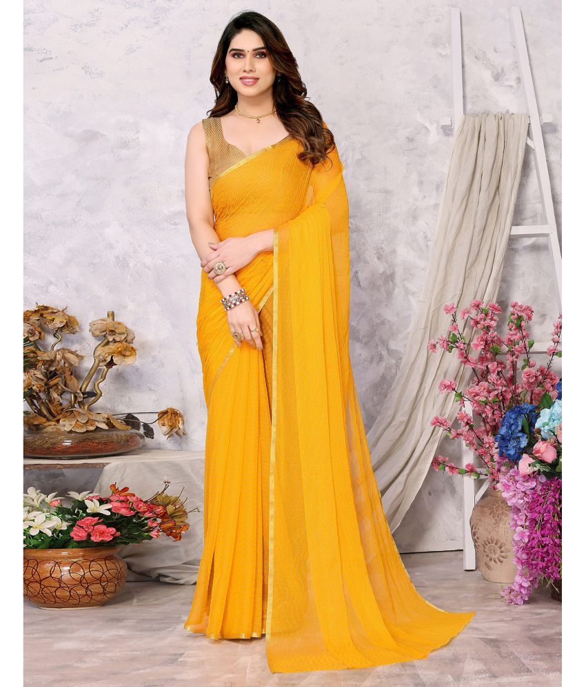     			Samah Chiffon Dyed Saree With Blouse Piece - Yellow ( Pack of 1 )