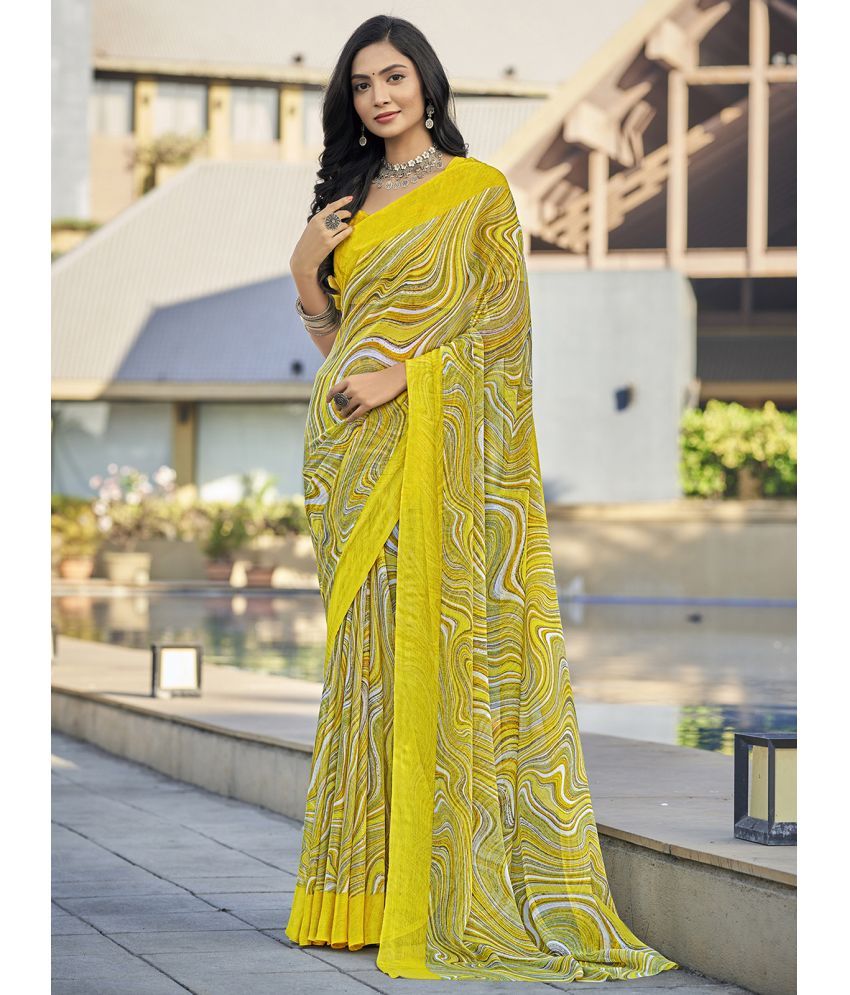     			Samah Chiffon Printed Saree With Blouse Piece - Yellow ( Pack of 1 )