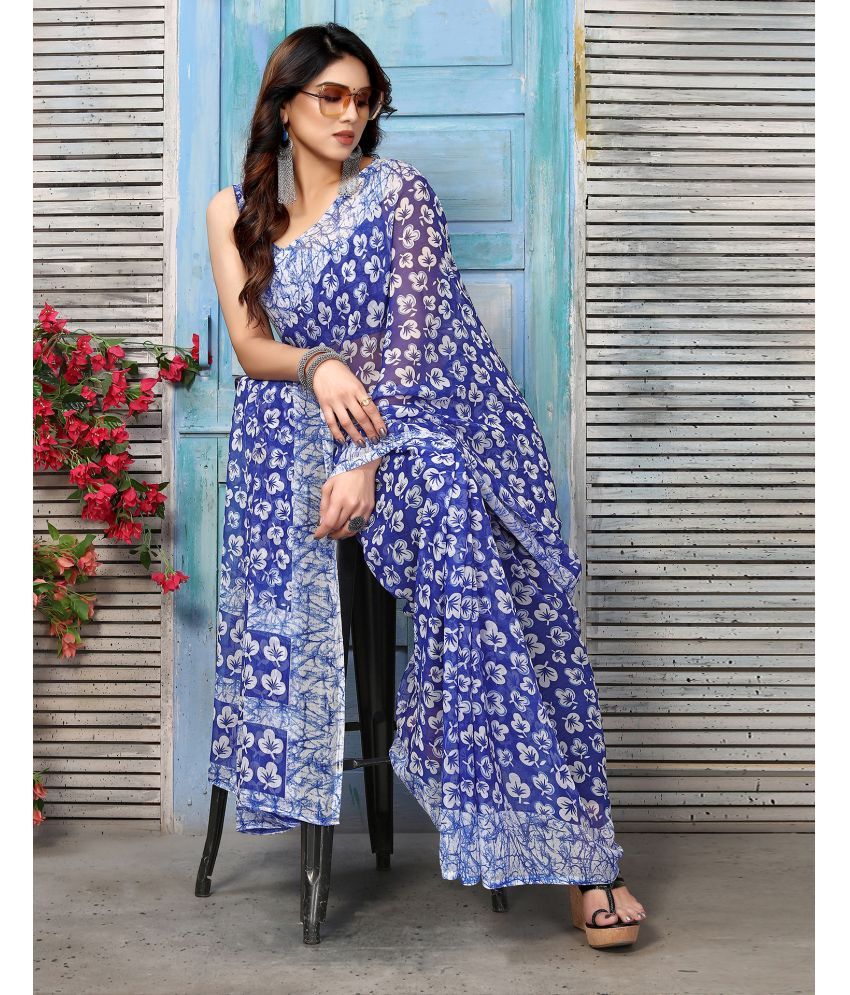     			Samah Chiffon Printed Saree With Blouse Piece - Blue ( Pack of 1 )