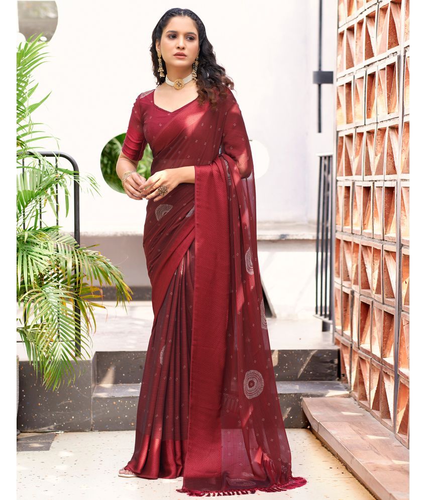     			Samah Chiffon Printed Saree With Blouse Piece - Maroon ( Pack of 1 )