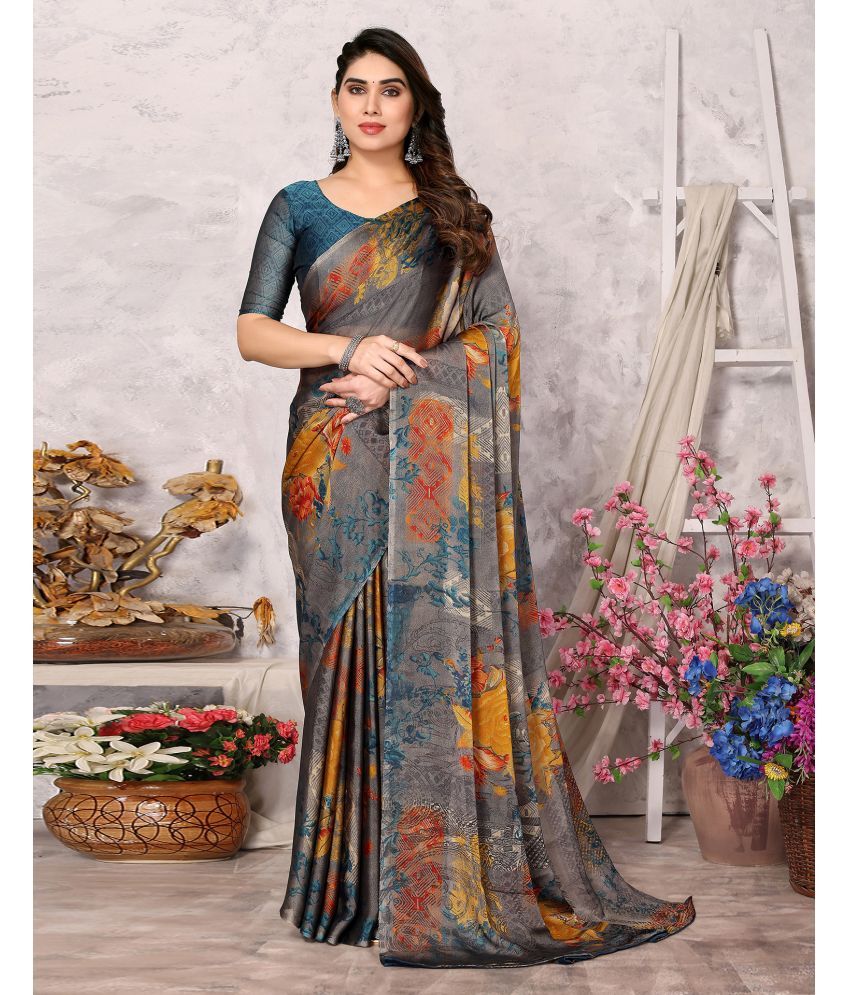     			Samah Chiffon Printed Saree With Blouse Piece - Grey ( Pack of 1 )