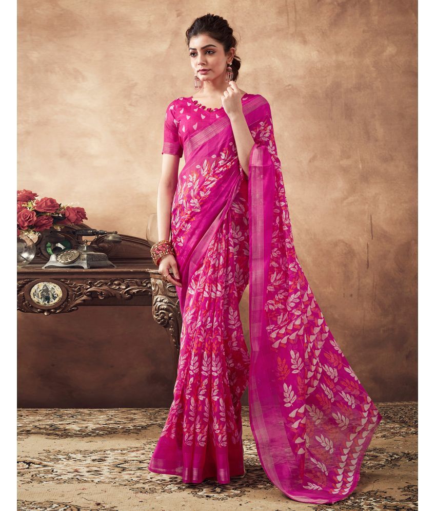     			Samah Cotton Blend Printed Saree With Blouse Piece - Pink ( Pack of 1 )