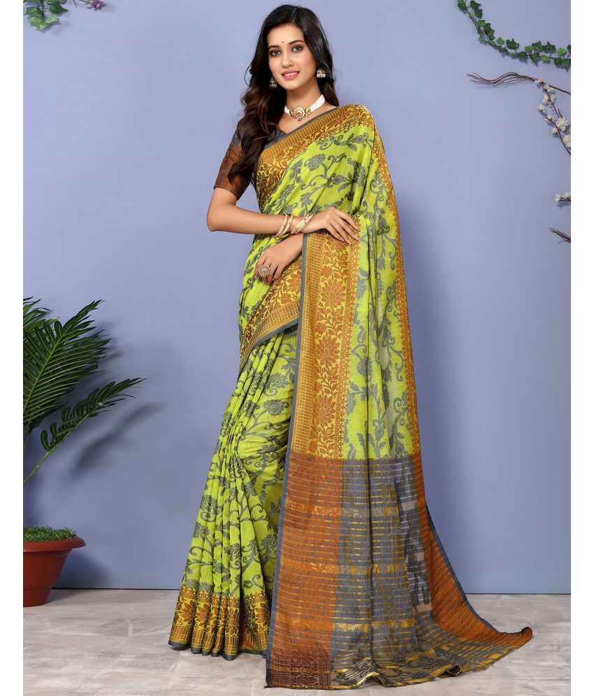     			Samah Cotton Blend Self Design Saree With Blouse Piece - Olive ( Pack of 1 )