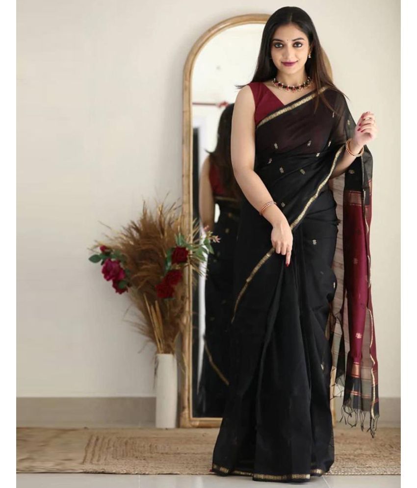     			Samah Cotton Silk Self Design Saree With Blouse Piece - Black ( Pack of 1 )