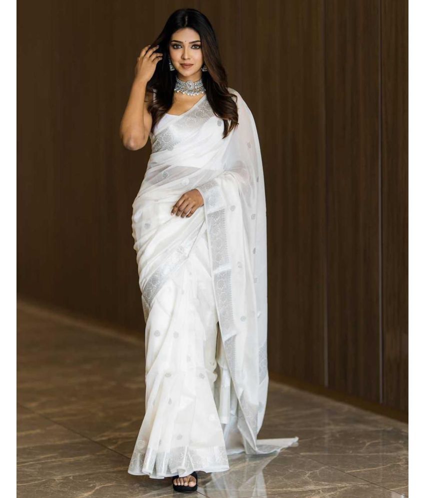     			Samah Cotton Silk Self Design Saree With Blouse Piece - White ( Pack of 1 )