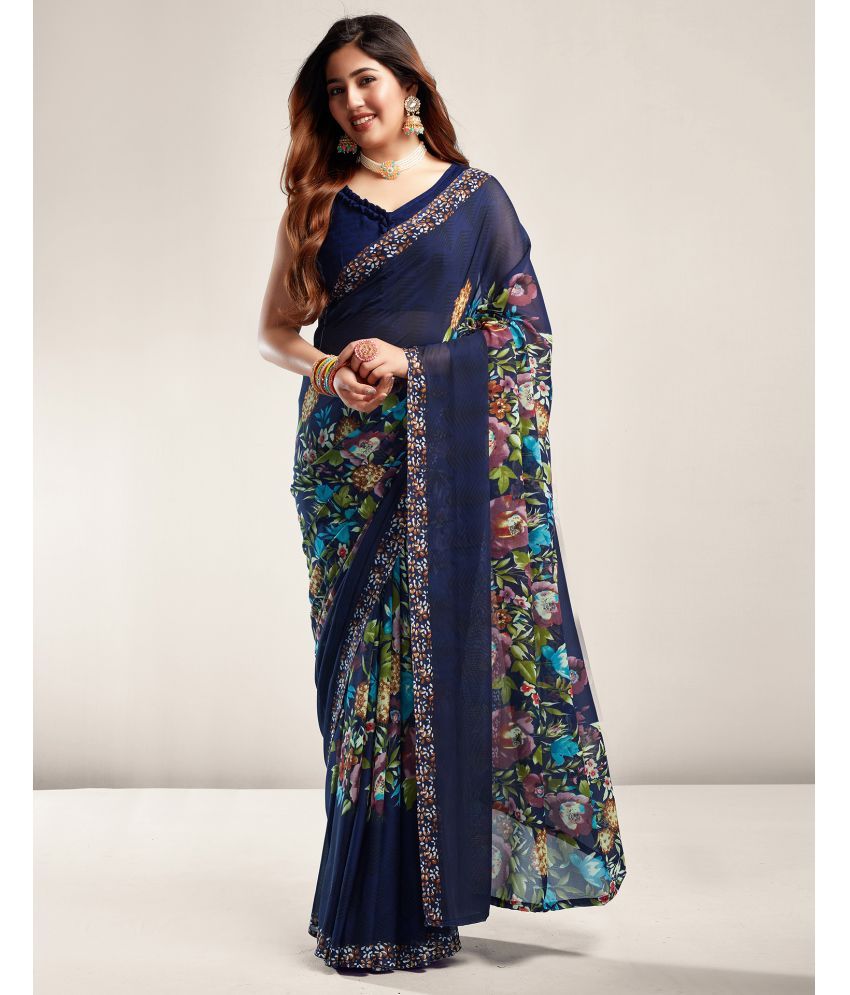     			Samah Georgette Printed Saree With Blouse Piece - Navy Blue ( Pack of 1 )